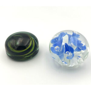 Art Glass Paperweight Monte Dunlav Flower Blue Bubbles, Green Black Marble Swirl